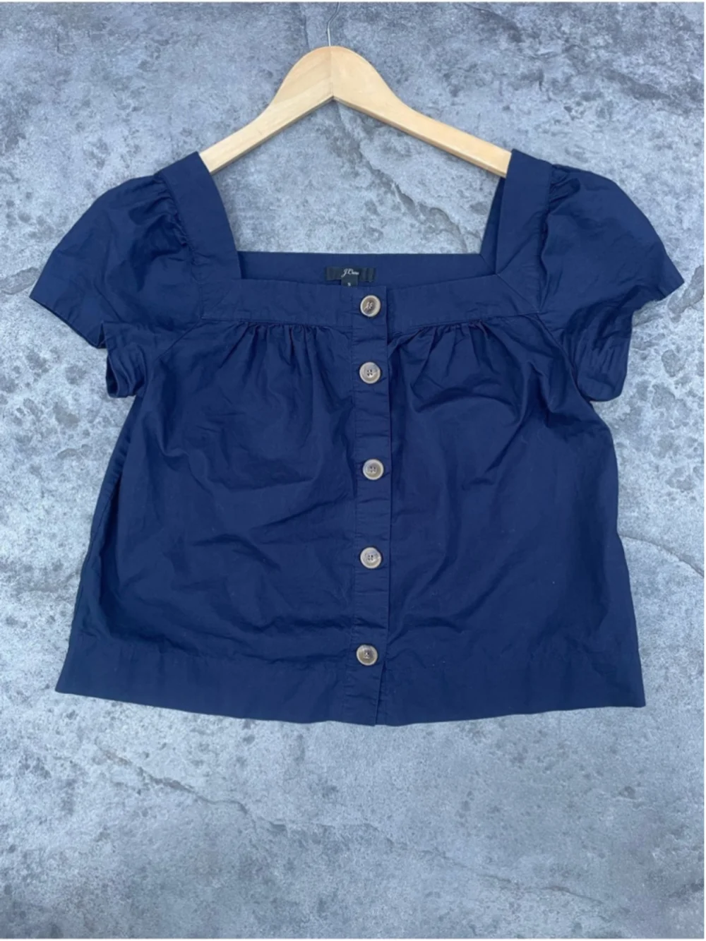 J. Crew Navy Square-Neck Button Puff Sleeve Blouse